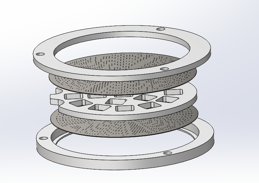Exploded CAD view of scaffold holder assembly